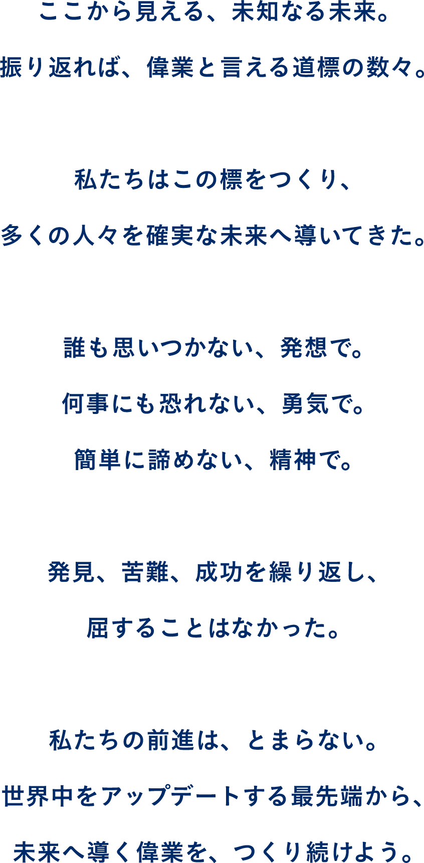 ここから見える、未知なる未来。 振り返れば、偉業と言える道標の数々。  私たちはこの標をつくり、 多くの人々を確実な未来へ導いてきた。  誰も思いつかない、発想で。 何事にも恐れない、勇気で。 簡単に諦めない、精神で。  発見、苦難、成功を繰り返し、 屈することはなかった。  私たちの前進は、とまらない。 世界中をアップデートする最先端から、 未来へ導く偉業を、つくり続けよう。